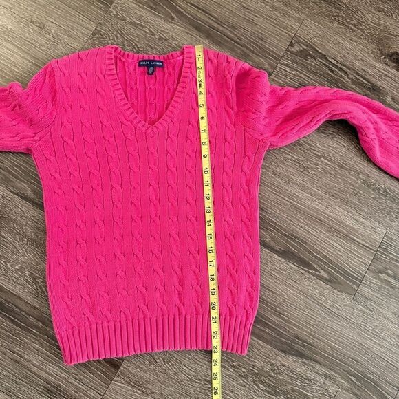 Ralph Lauren Bright Pink Cotton V Neck Cable Sweater - Picture 8 of 10